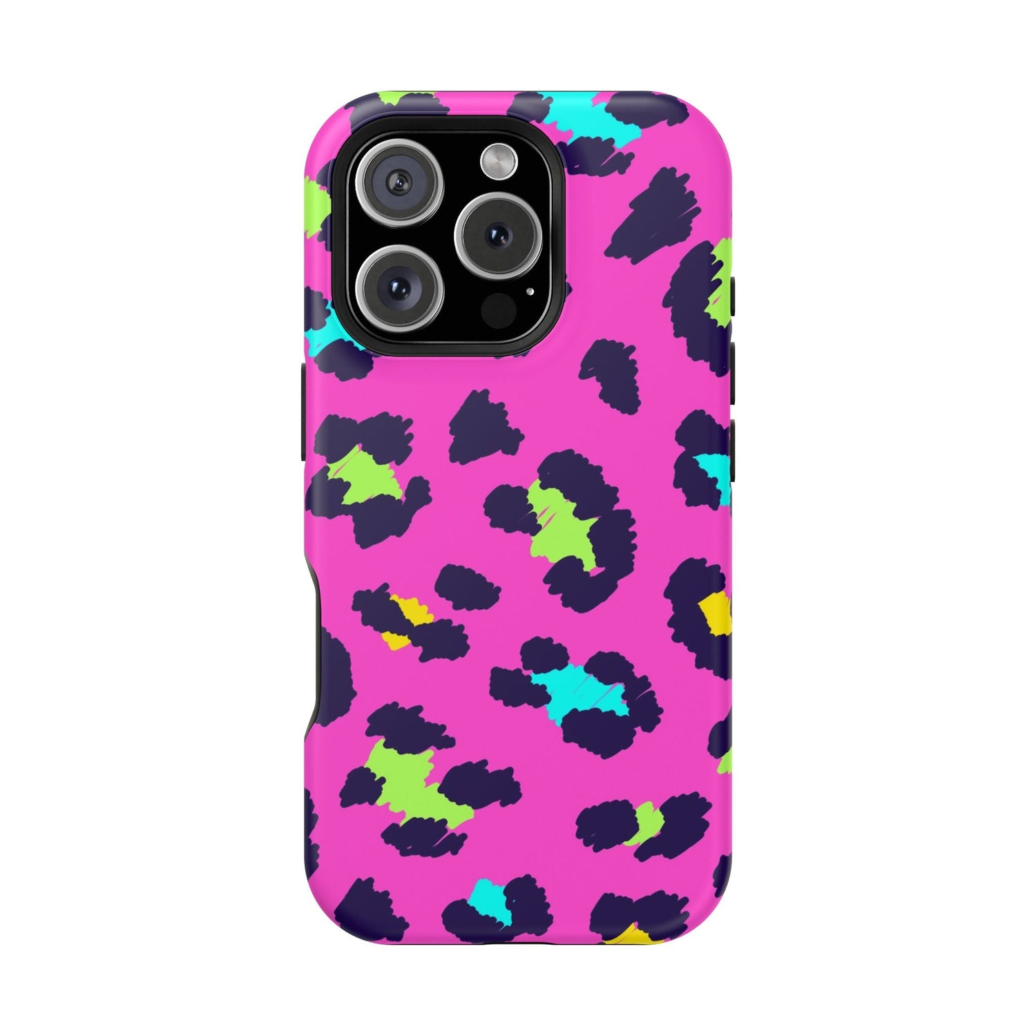 Colorful leopard print iPhone cover with pink background and vibrant accent spots