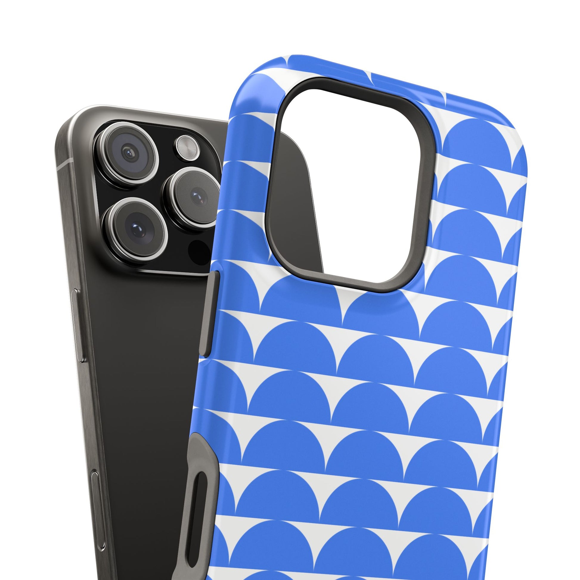 Blue and white geometric iPhone cover with bold pattern, shown next to a black iPhone