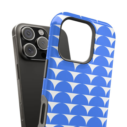Blue and white geometric iPhone cover with bold pattern, shown next to a black iPhone