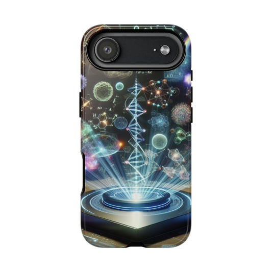 Futuristic science-themed iPhone cover with DNA helix, molecules, and glowing holographic designs.
