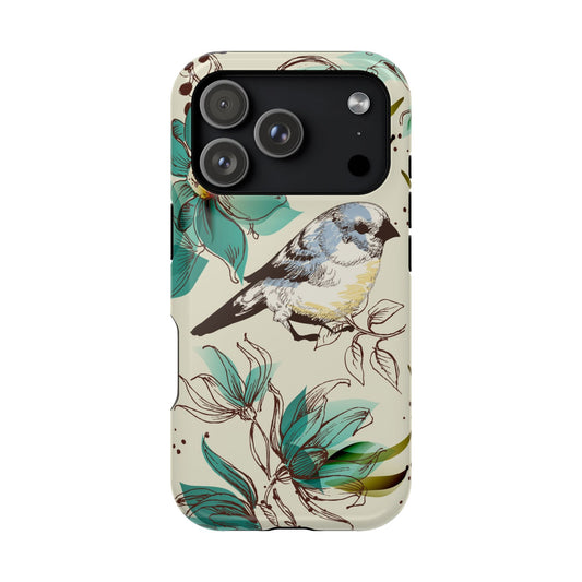 iPhone case with blue and yellow bird and teal floral design, i-Cover premium cover