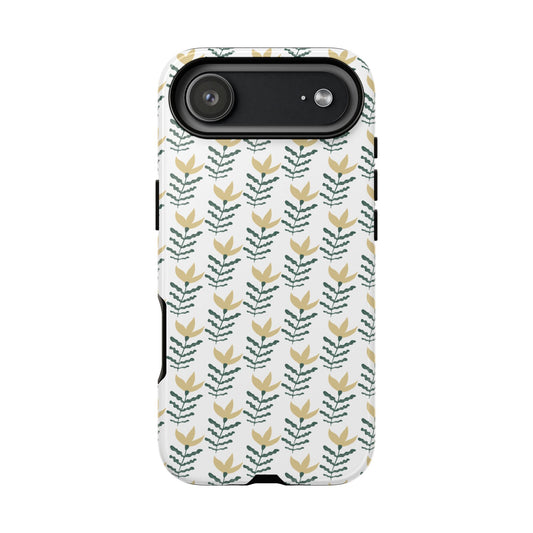 Stylish iPhone cover with yellow and green floral pattern on a white background