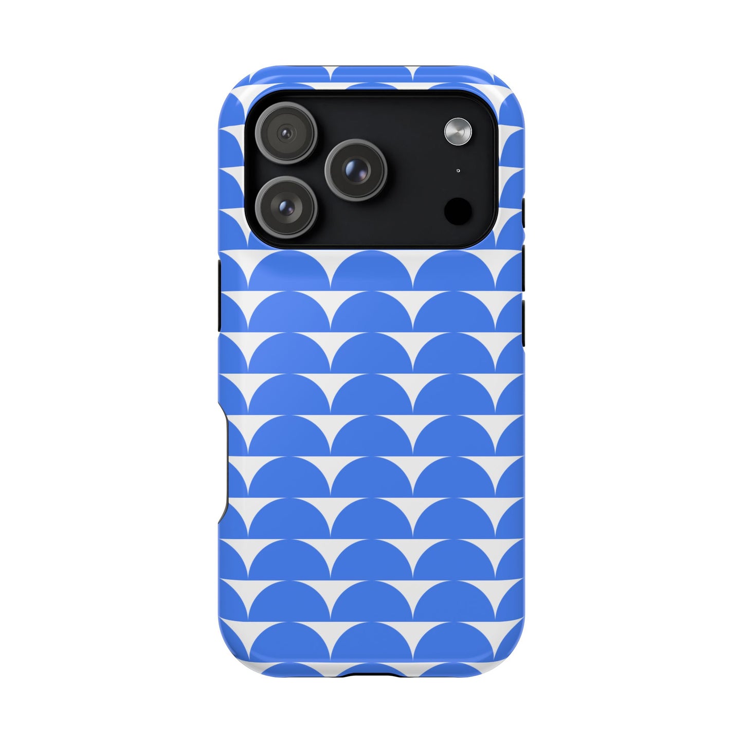 Blue and white geometric iPhone cover with semi-circle pattern, stylish protective case