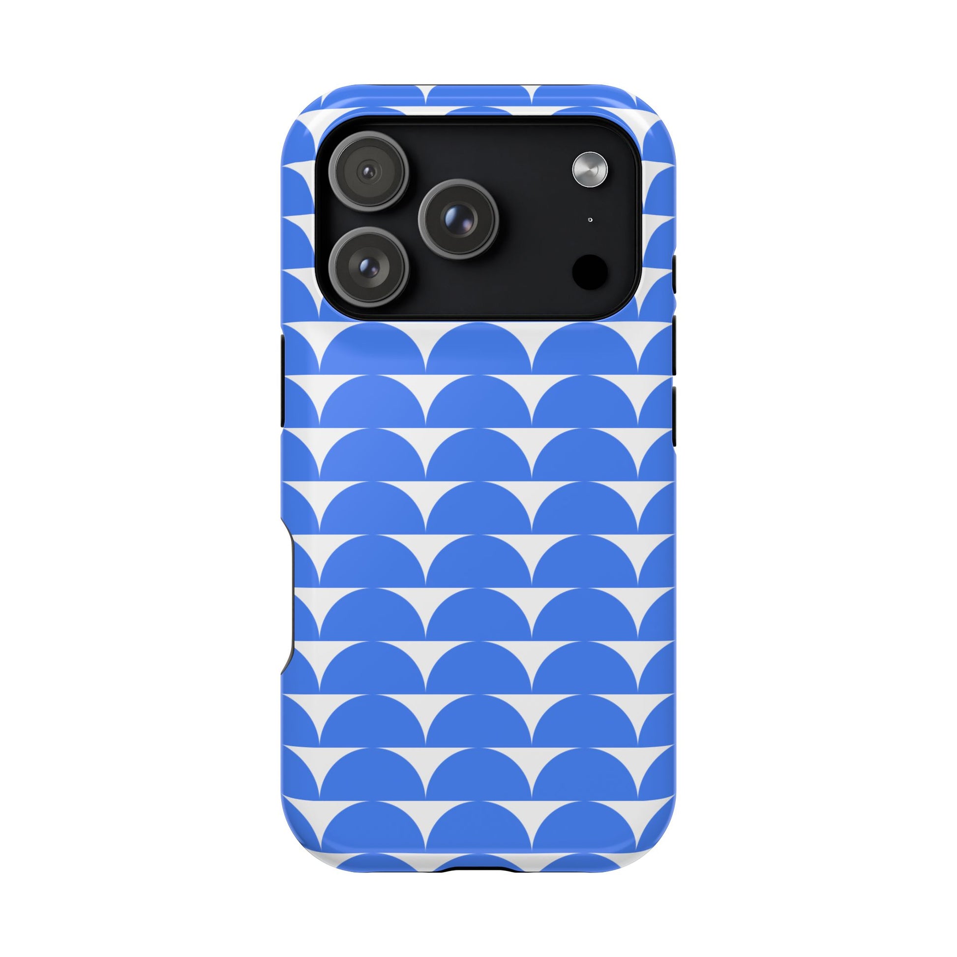 Blue and white geometric iPhone cover with semi-circle pattern, stylish protective case