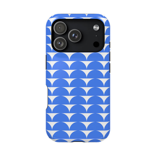 Blue and white geometric iPhone cover with semi-circle pattern, stylish protective case