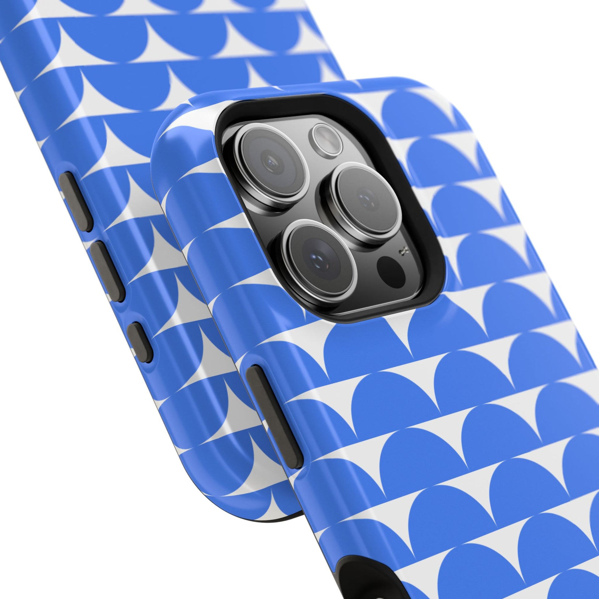 Blue and white geometric iPhone cover with modern pattern, stylish durable phone case