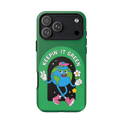 Green iPhone case with cartoon Earth character, peace sign, flower, and 'Keepin' It Green' text.