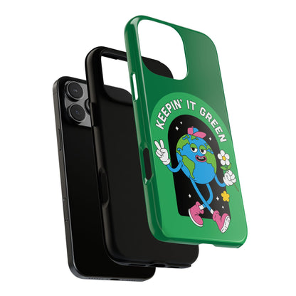 Green iPhone cover with cartoon Earth graphic and 'Keepin' It Green' text, eco-friendly case