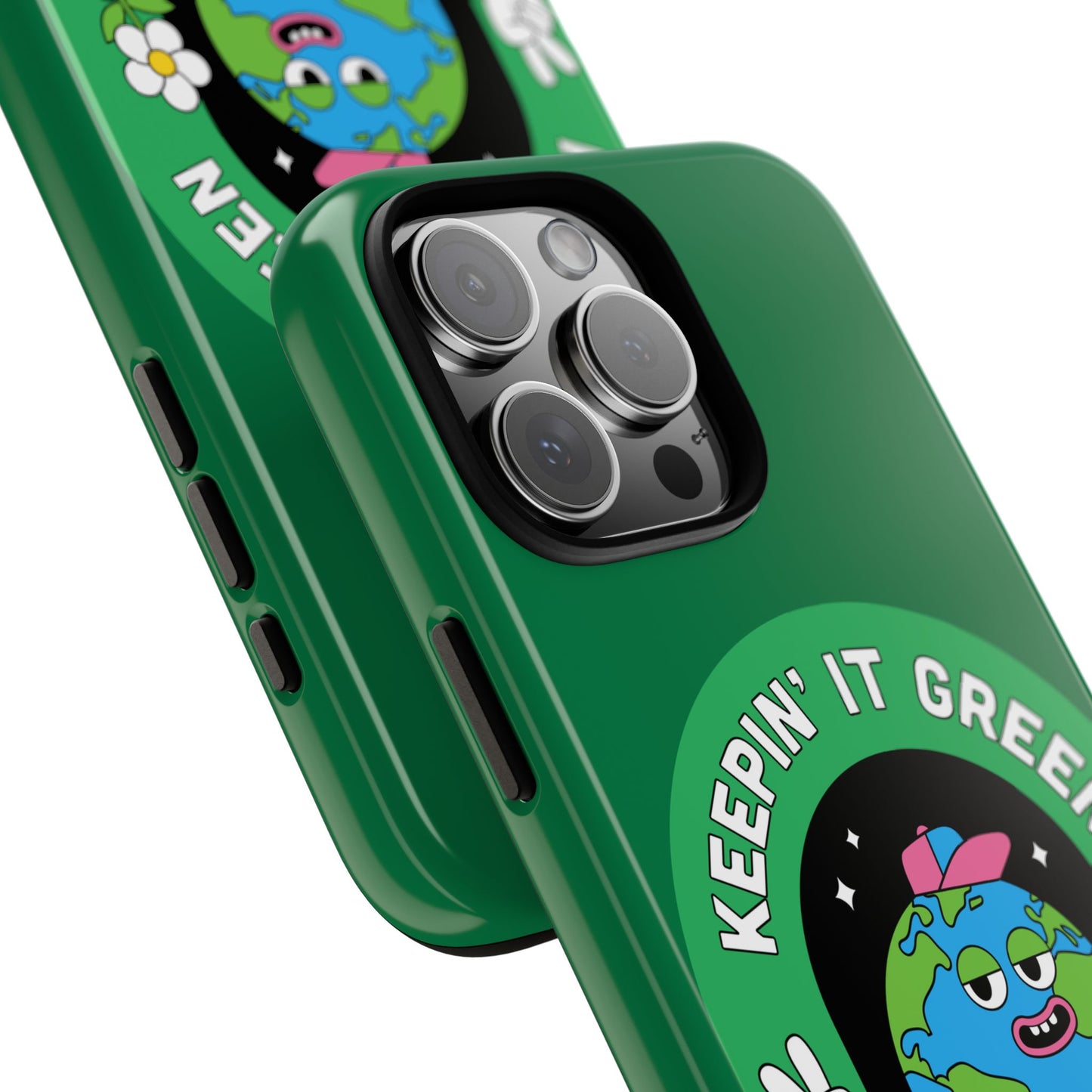 Green iPhone case with cartoon Earth, peace sign, flowers, and 'Keepin' It Green' text