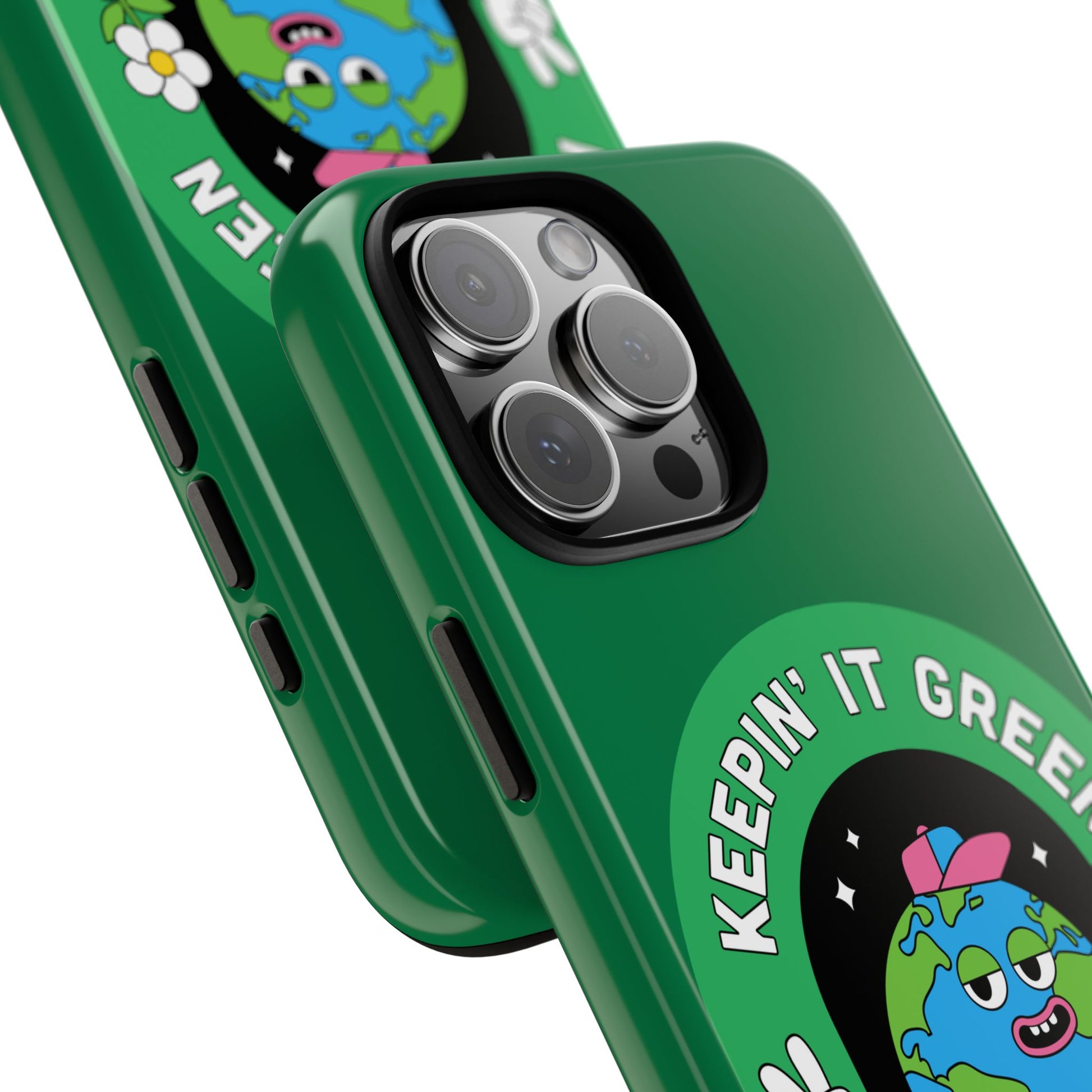Green iPhone case with cartoon Earth, peace sign, flowers, and 'Keepin' It Green' text