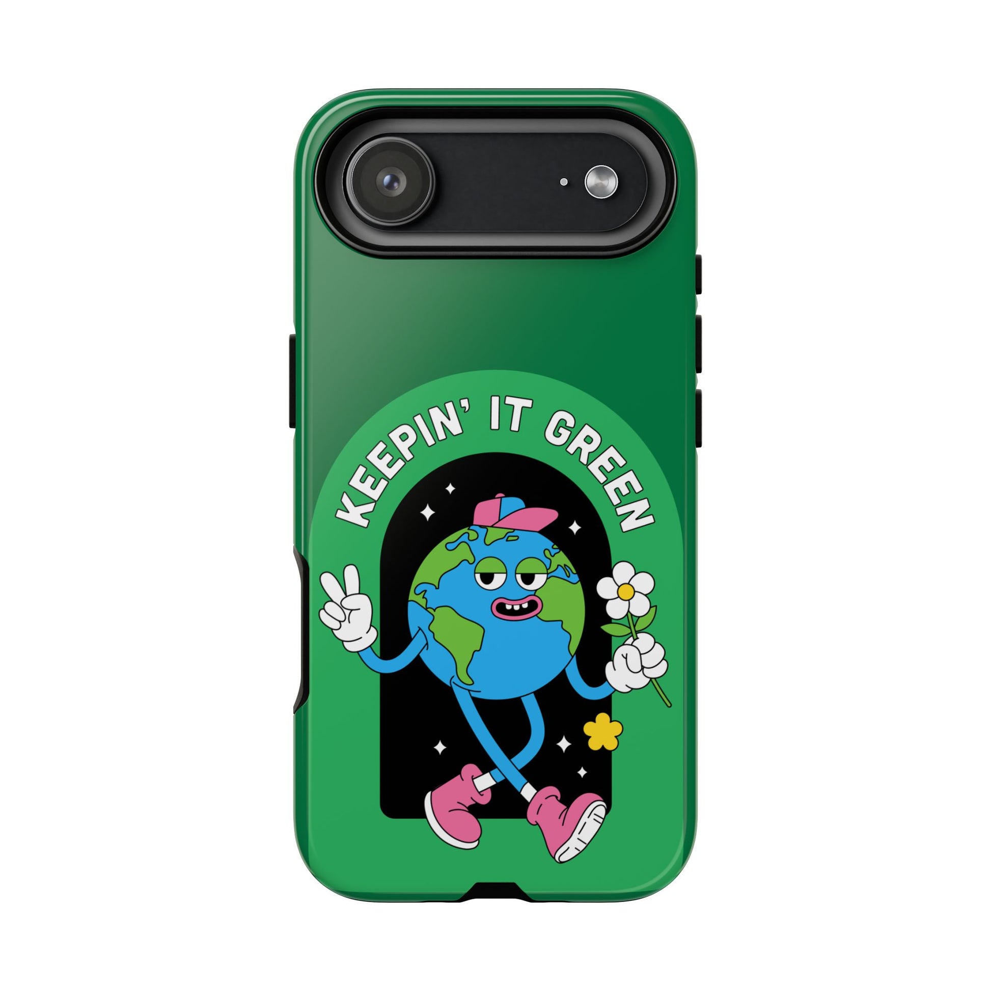 Green iPhone cover with cartoon Earth, flowers, and 'Keepin’ It Green' eco design