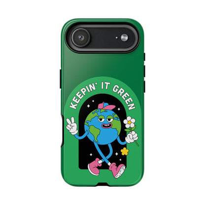 Green iPhone cover with cartoon Earth, flowers, and 'Keepin’ It Green' eco design