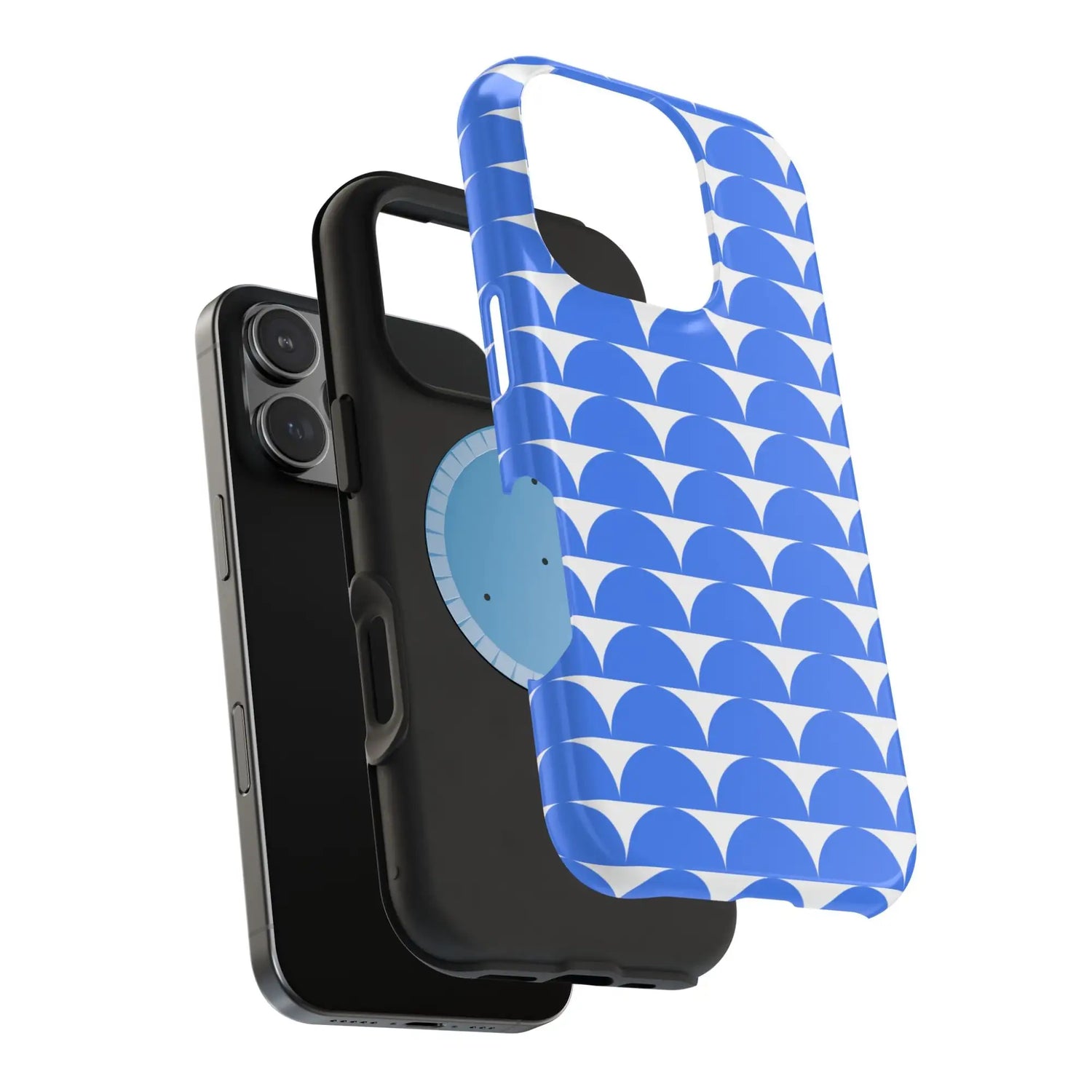 Blue and white scalloped pattern phone case with a magnetic ring stand.