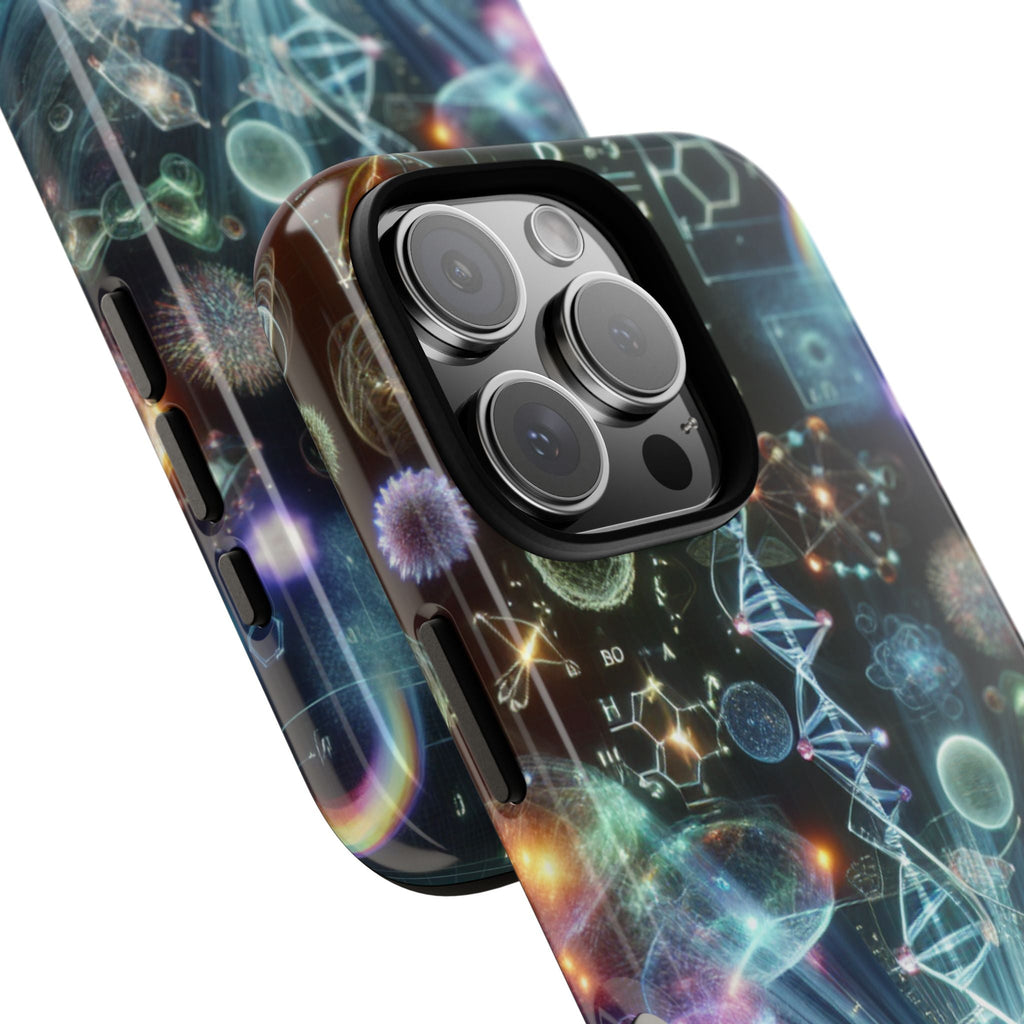 Stylish iPhone case with colorful science-inspired design, DNA and molecular patterns by i-Cover