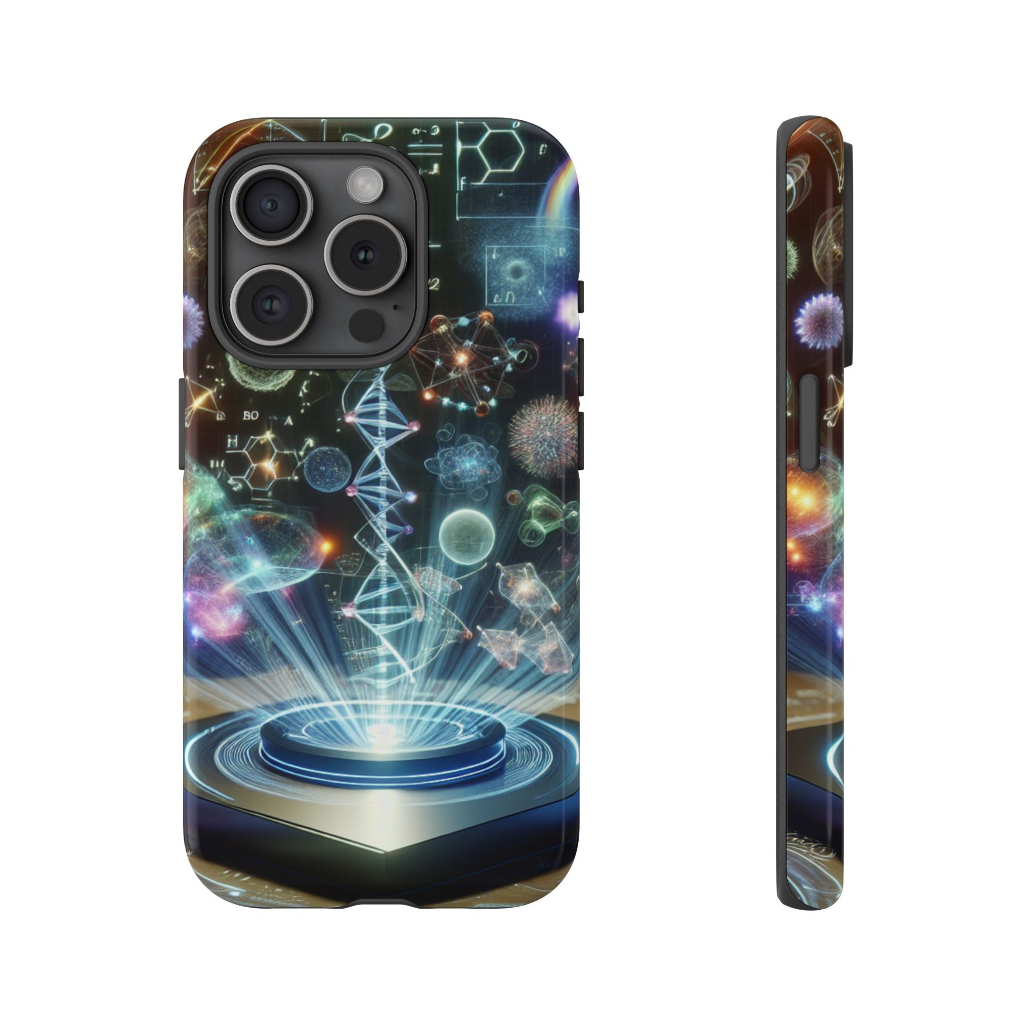 Stylish science-themed iPhone cover with colorful DNA, molecules, and equations design