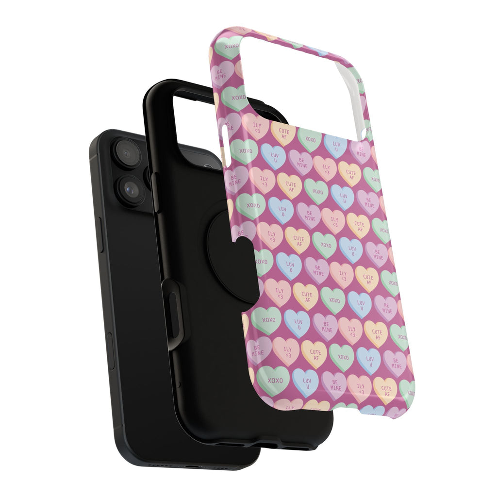 Colorful heart-patterned iPhone cover over black case, stylish protective phone case by i-Cover