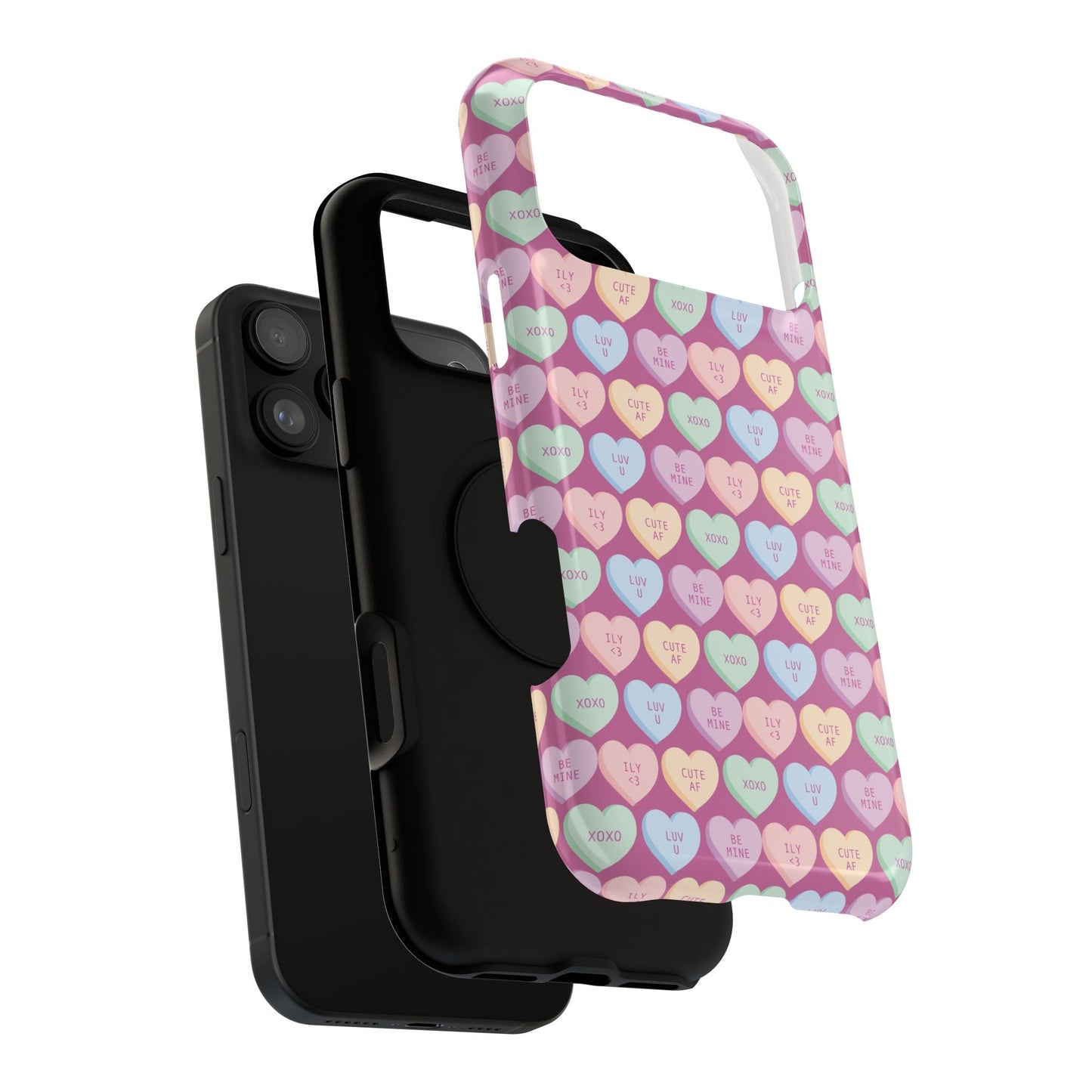 Colorful heart-patterned iPhone cover over black case, stylish protective phone case by i-Cover