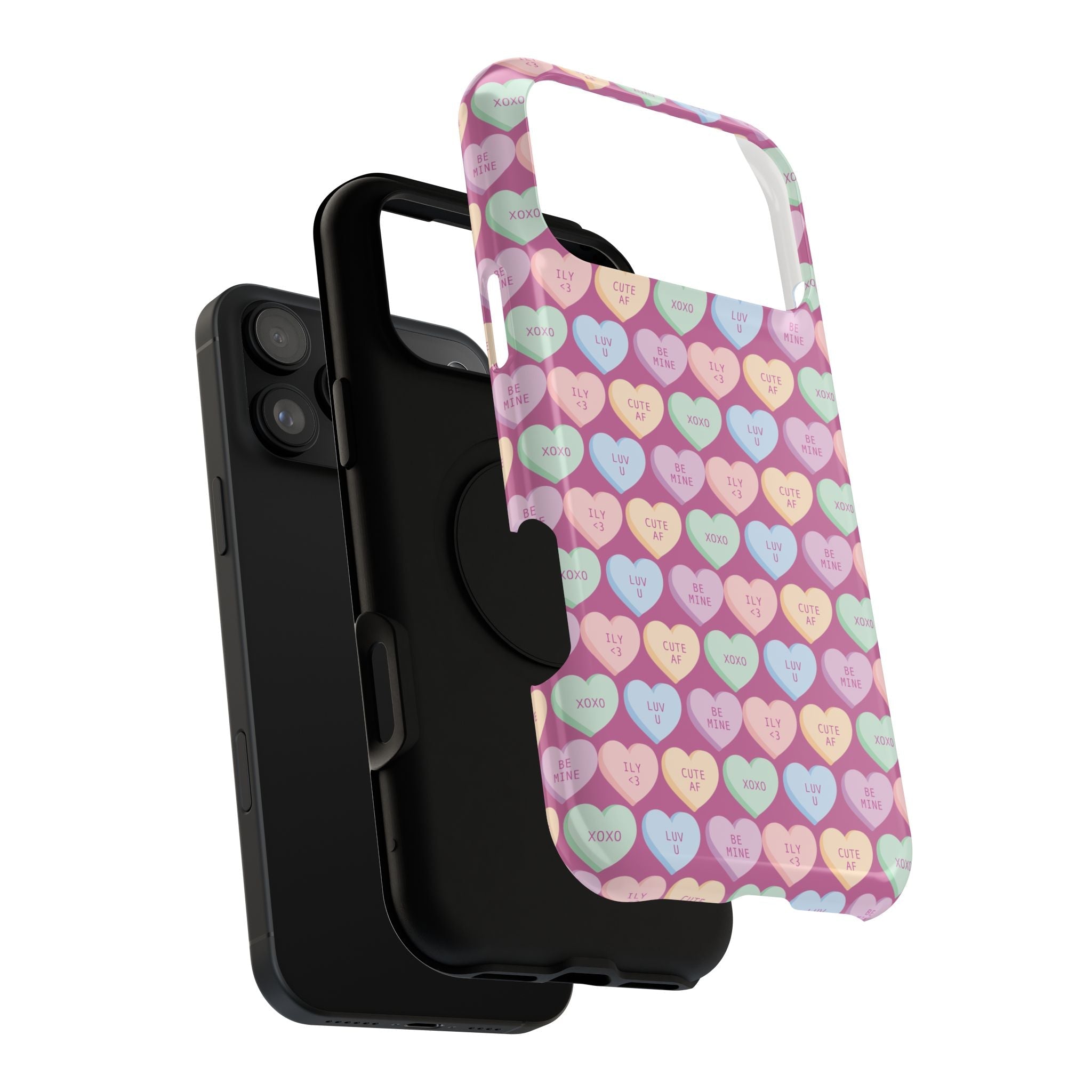 Colorful heart-patterned iPhone cover over black case, stylish protective phone case by i-Cover