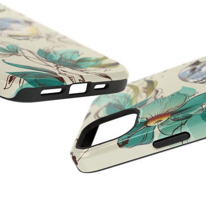 Close-up of stylish iPhone case with teal floral design, durable cover from i-Cover