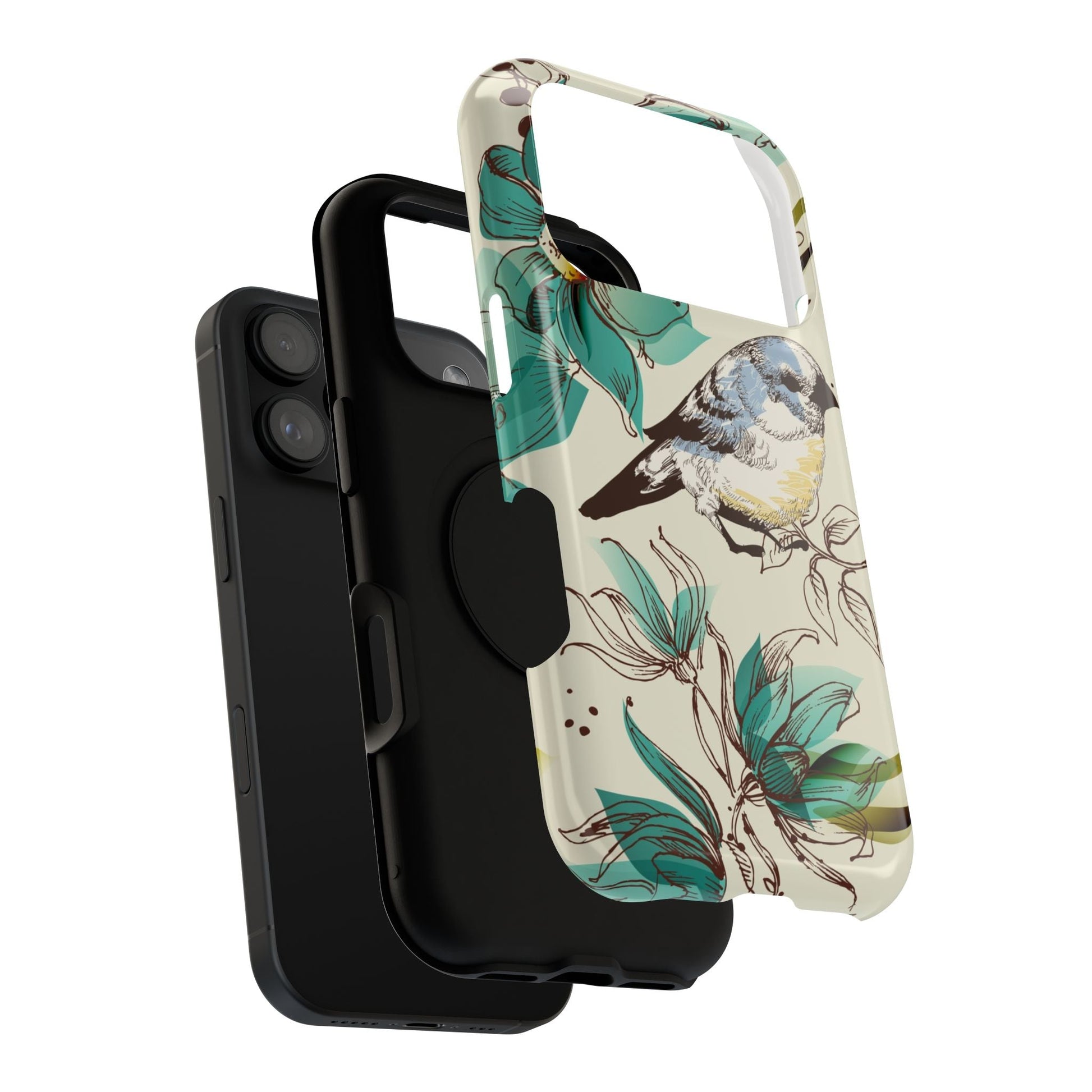 Stylish iPhone cover with bird and floral design, layered on black protective phone case