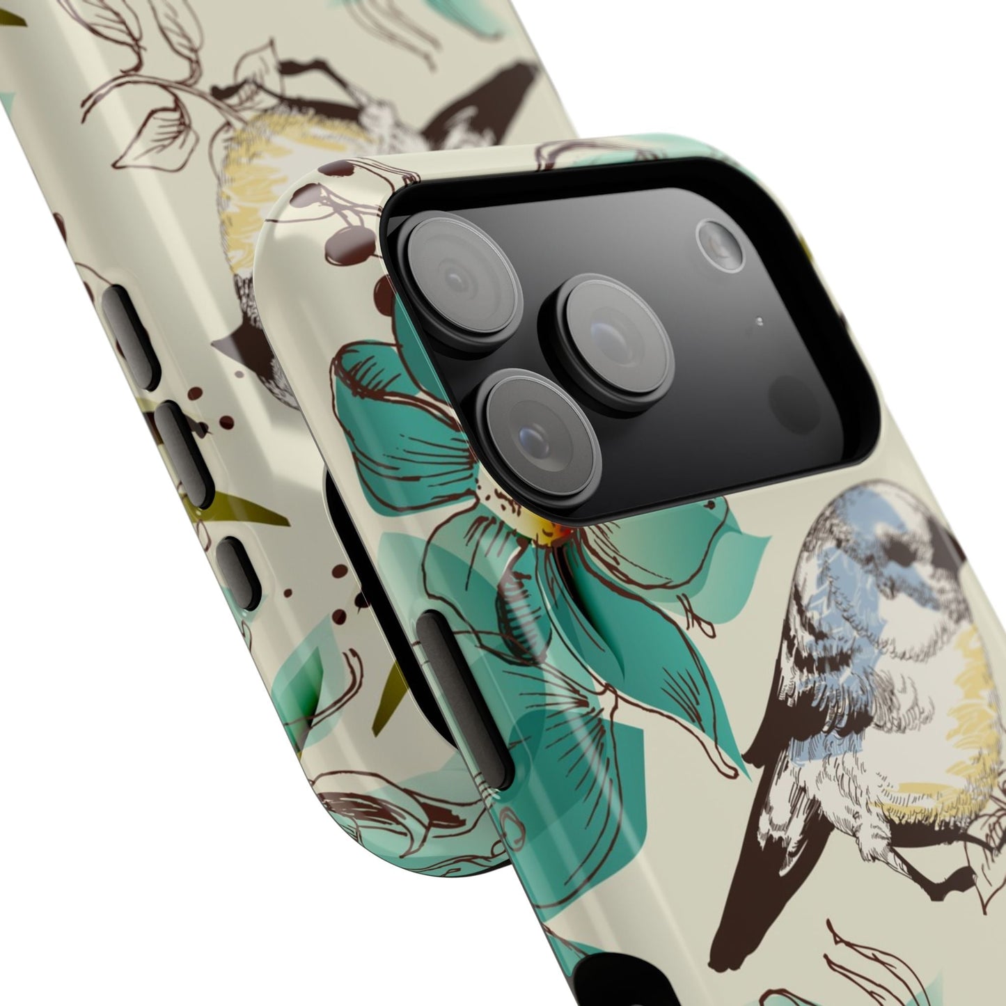 Stylish iPhone case with blue flower and bird illustration, durable protective cover