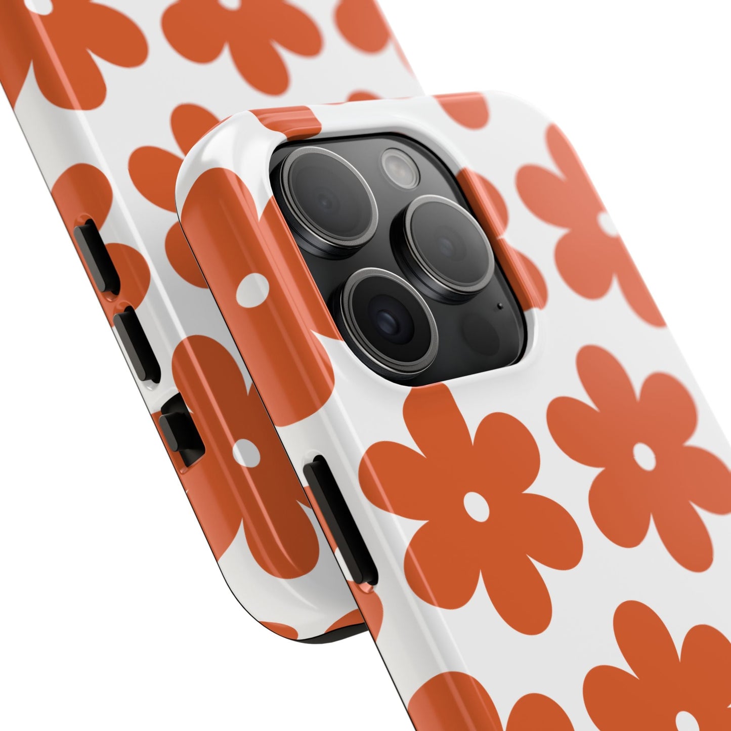 Stylish iPhone cover with orange retro flower pattern on white, durable protective case