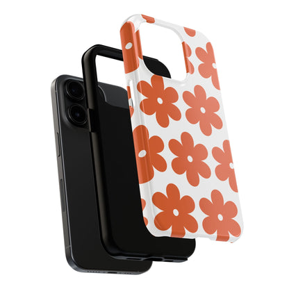 Stylish iPhone cover with orange flower pattern on white, shown above a black iPhone.