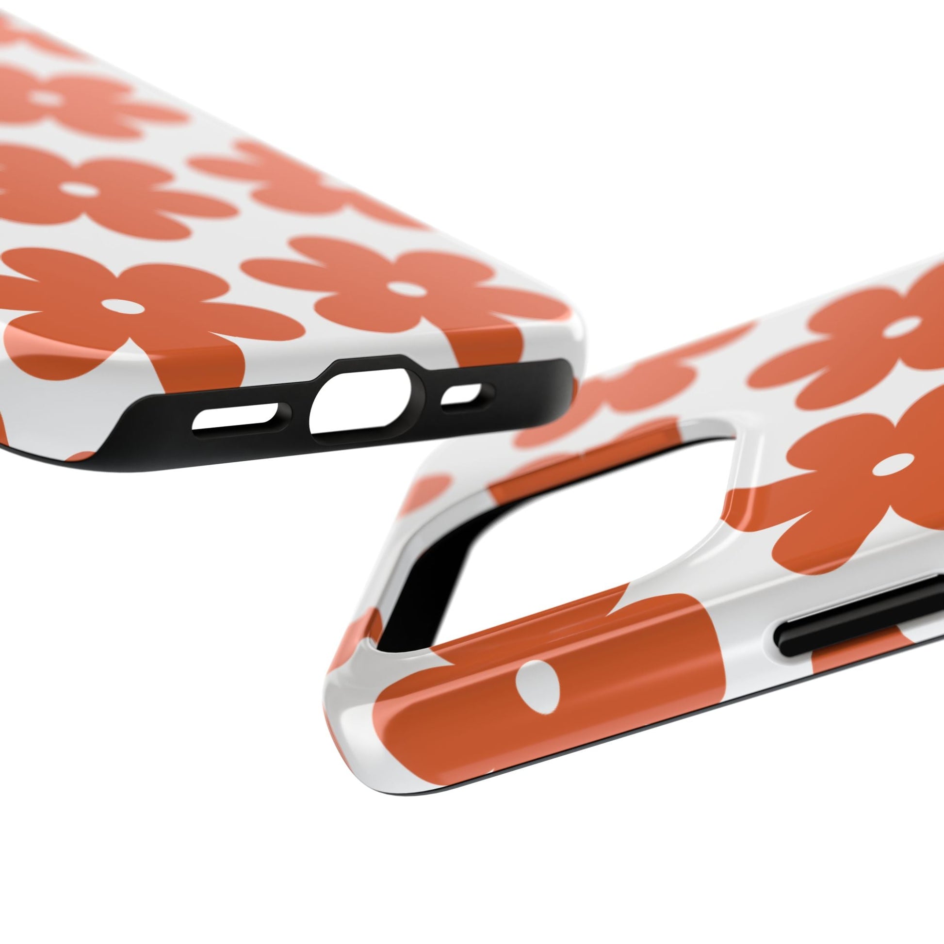 Close-up of iPhone case with orange floral design on white background from i-Cover