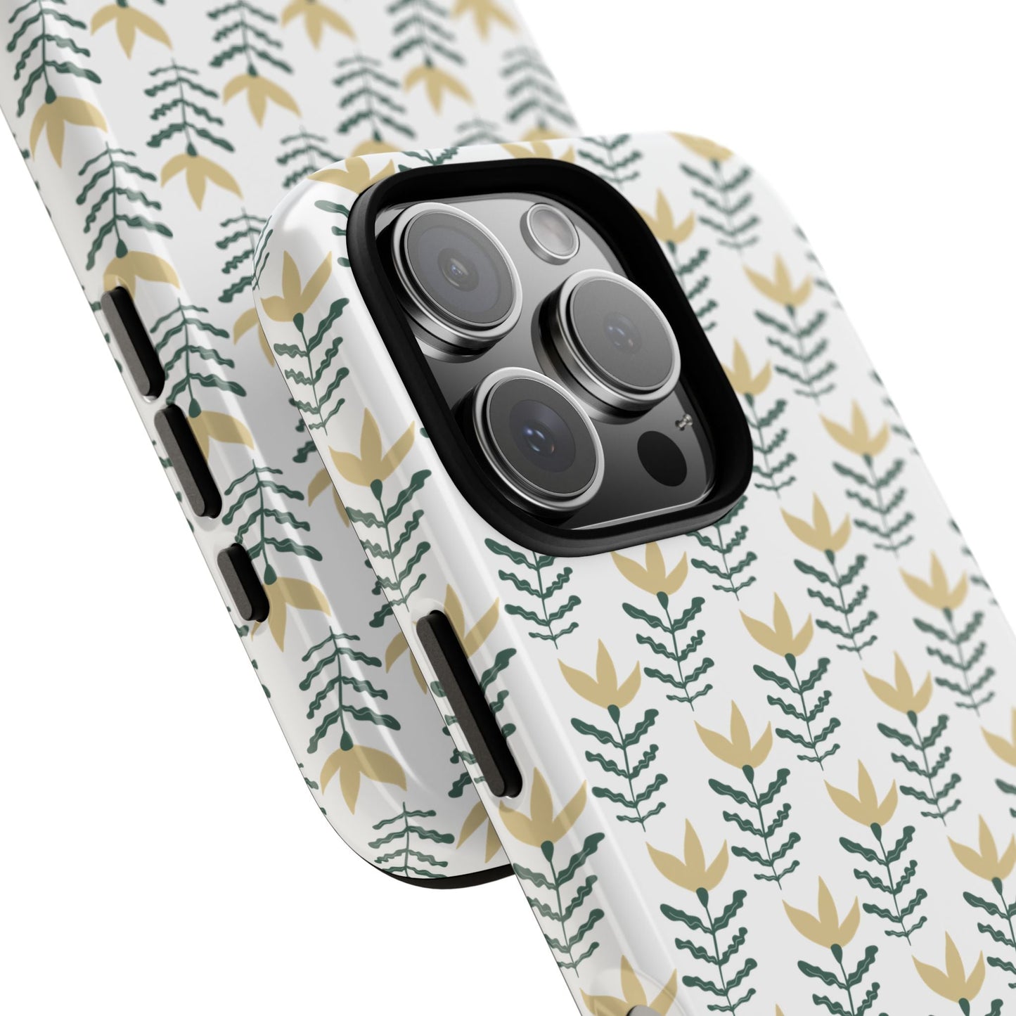 Floral patterned iPhone cover with yellow and green leaf design on white, stylish protective case