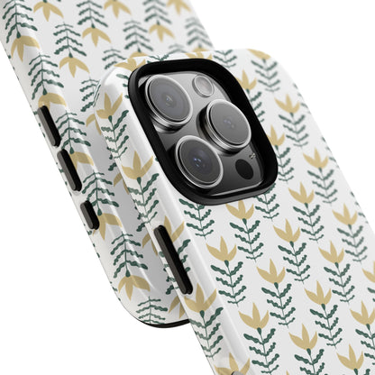 Floral patterned iPhone cover with yellow and green leaf design on white, stylish protective case