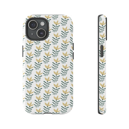 Stylish iPhone cover with beige floral pattern on white, durable protective case design