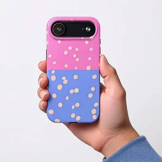 A vibrant pink and blue polka-dotted phone case with a sleek, modern design.