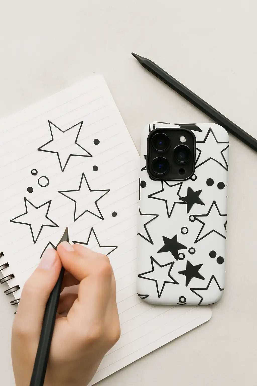 White phone case with black star and dot pattern.